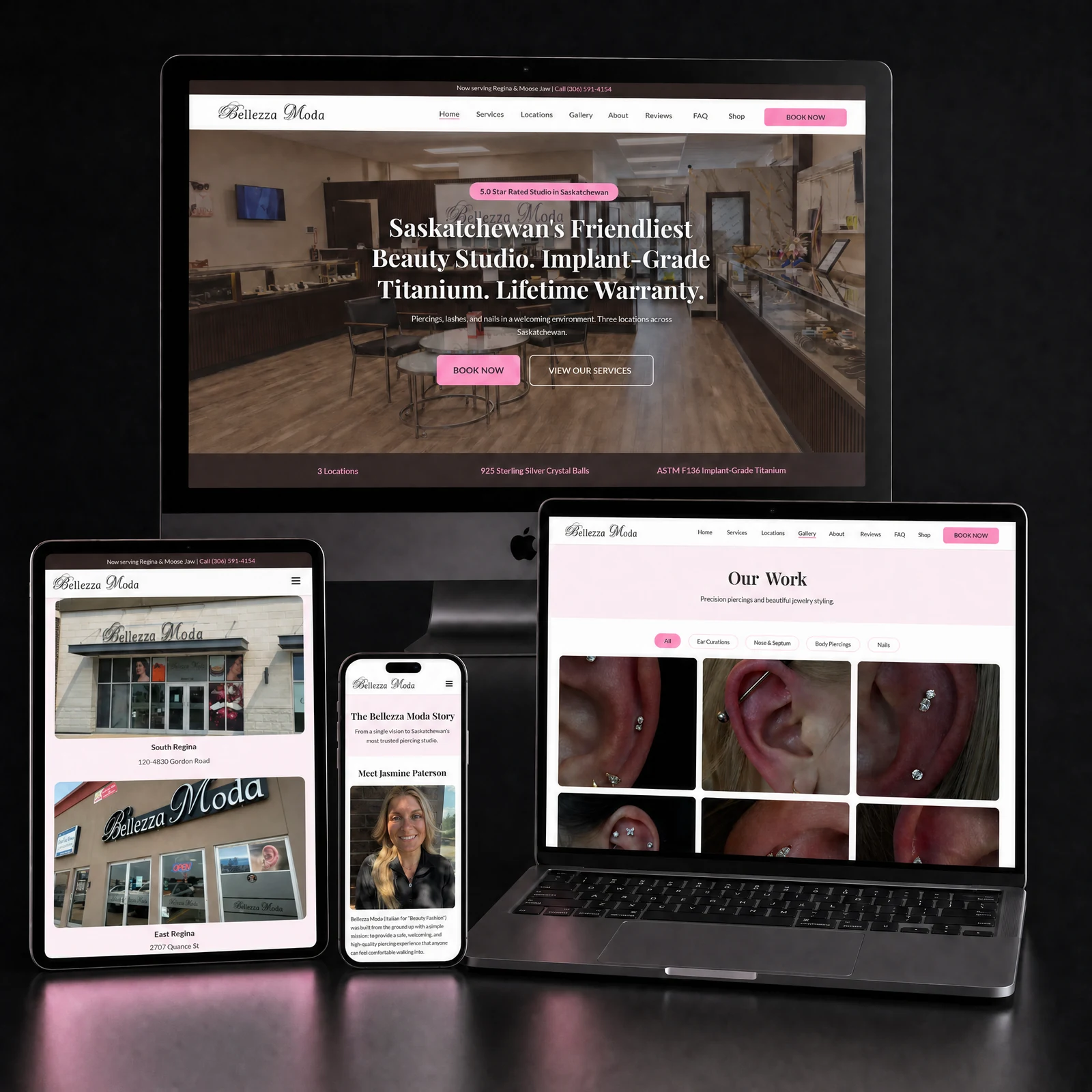 Bellezza Moda piercing studio website on desktop, tablet, and phone across Moose Jaw and Regina