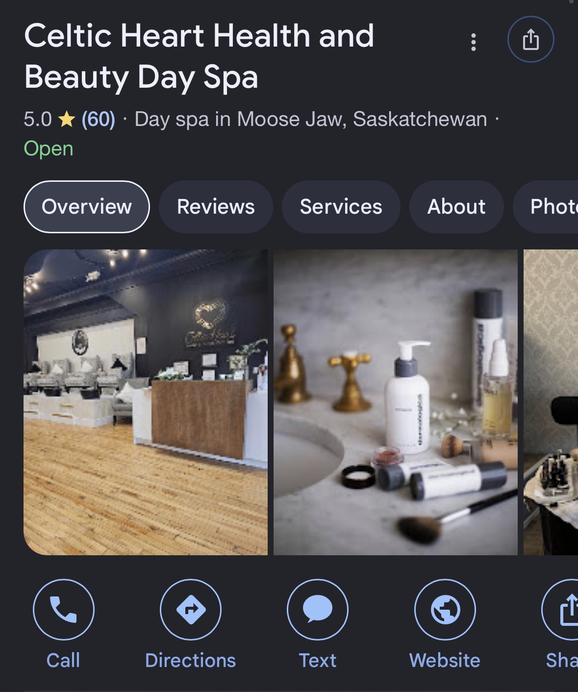 Celtic Heart Health and Beauty Day Spa Google Business Profile - 5 stars, 60 reviews, Moose Jaw
