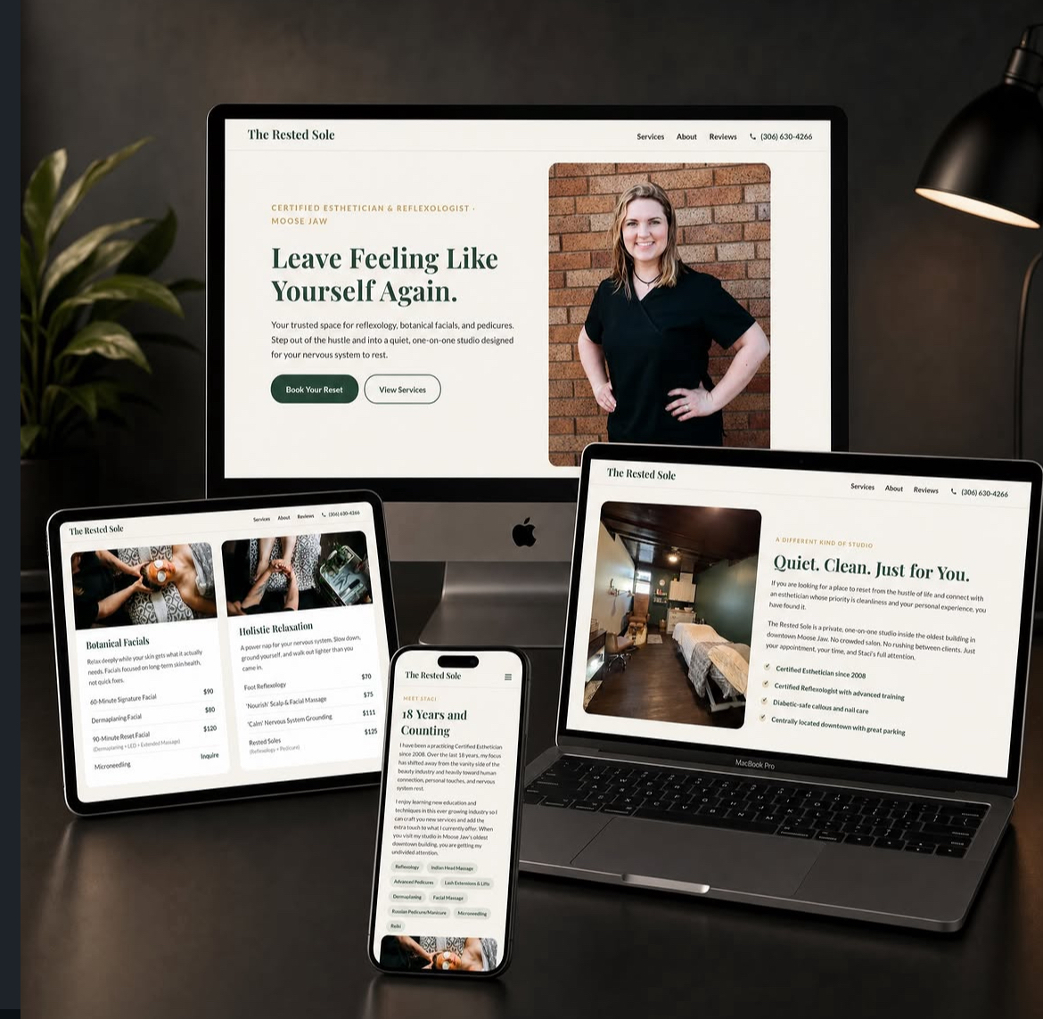 The Rested Sole esthetics studio website mockup in Moose Jaw Saskatchewan