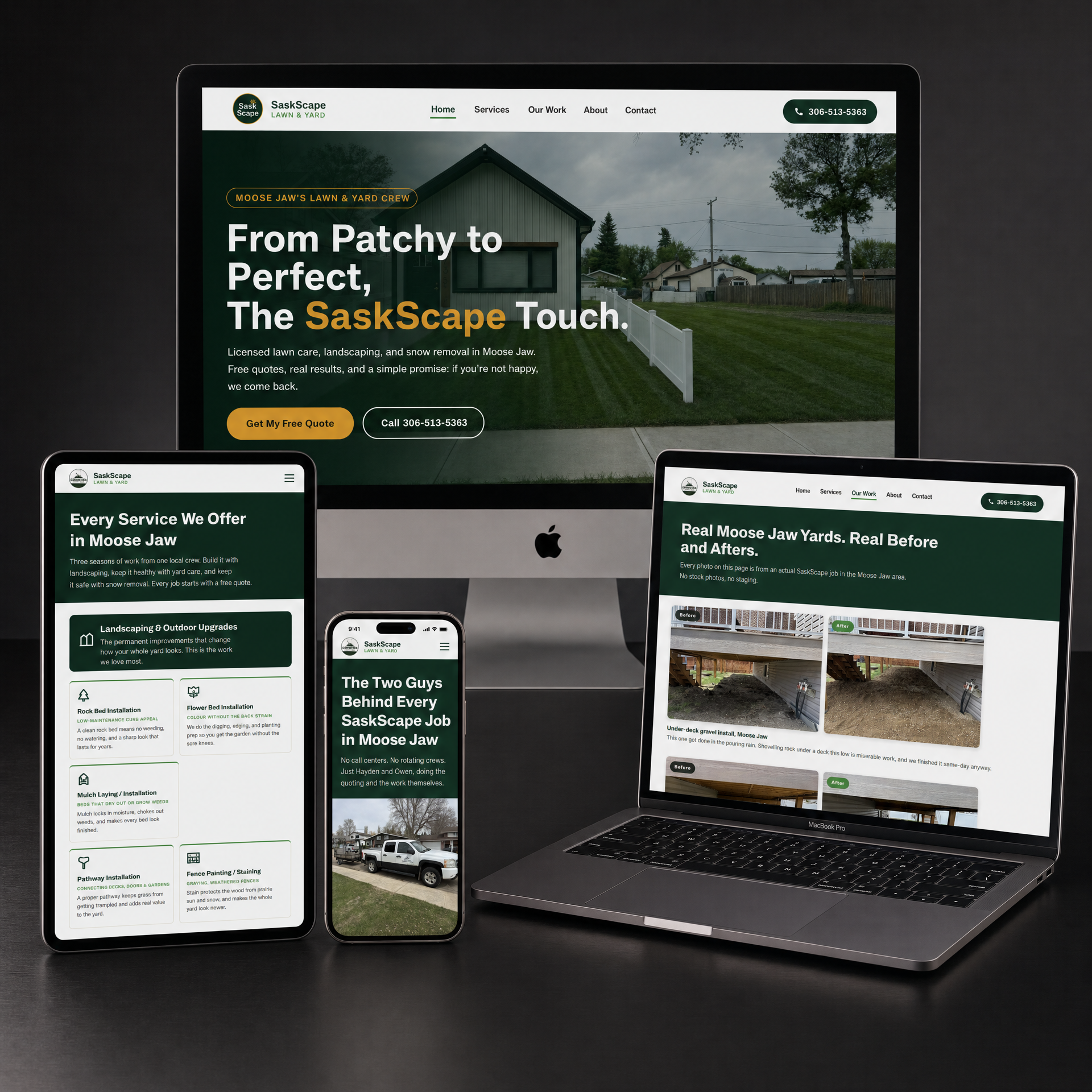 SaskScape Lawn and Yard website mockup on desktop tablet and mobile in Moose Jaw